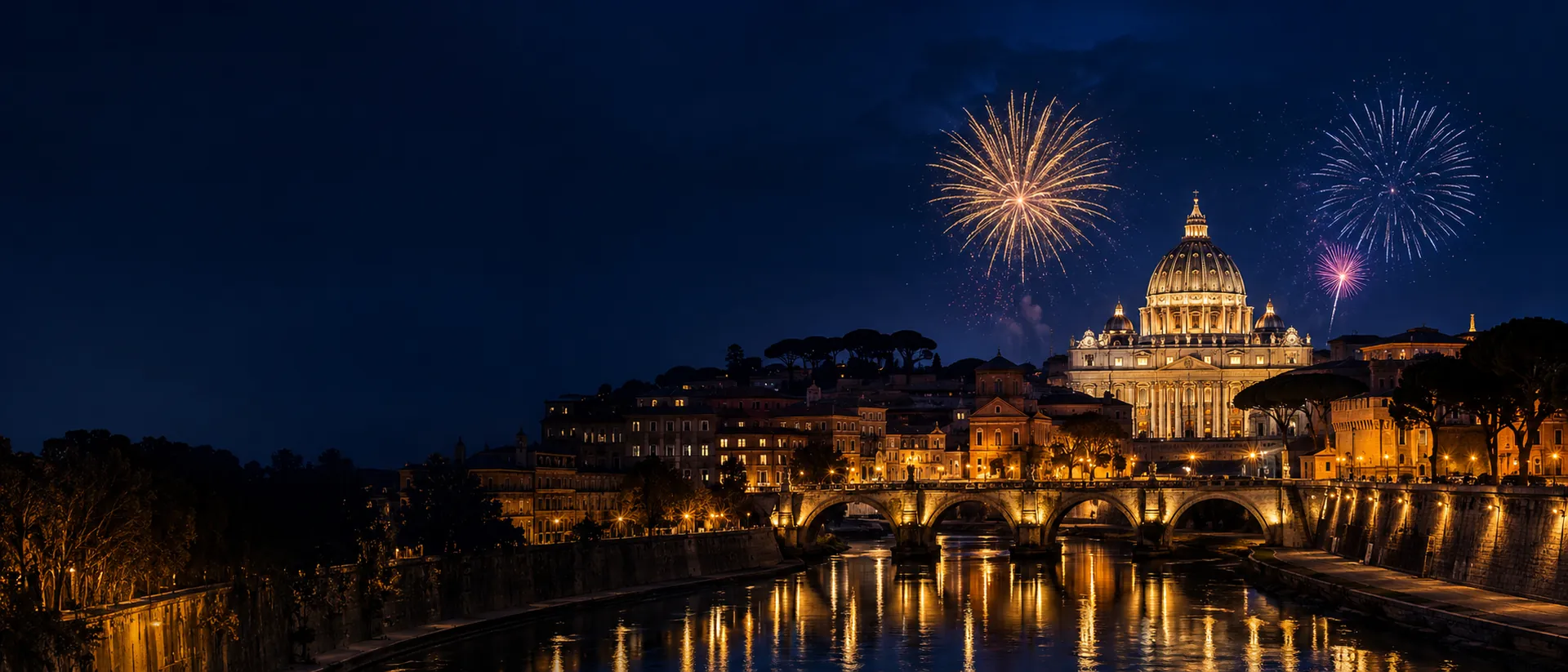 Skyline notturno di Roma con fuochi d'artificio per Capodanno 2027