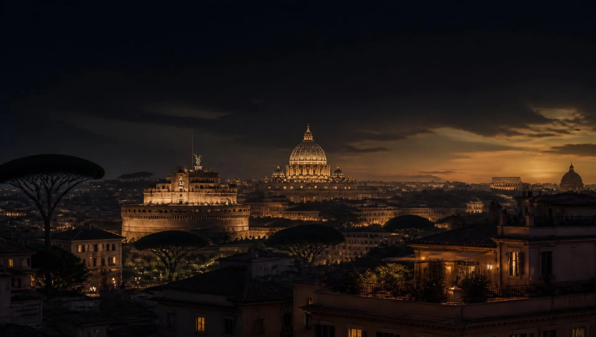 Skyline notturno di Roma con cupole, terrazze e luci calde della città